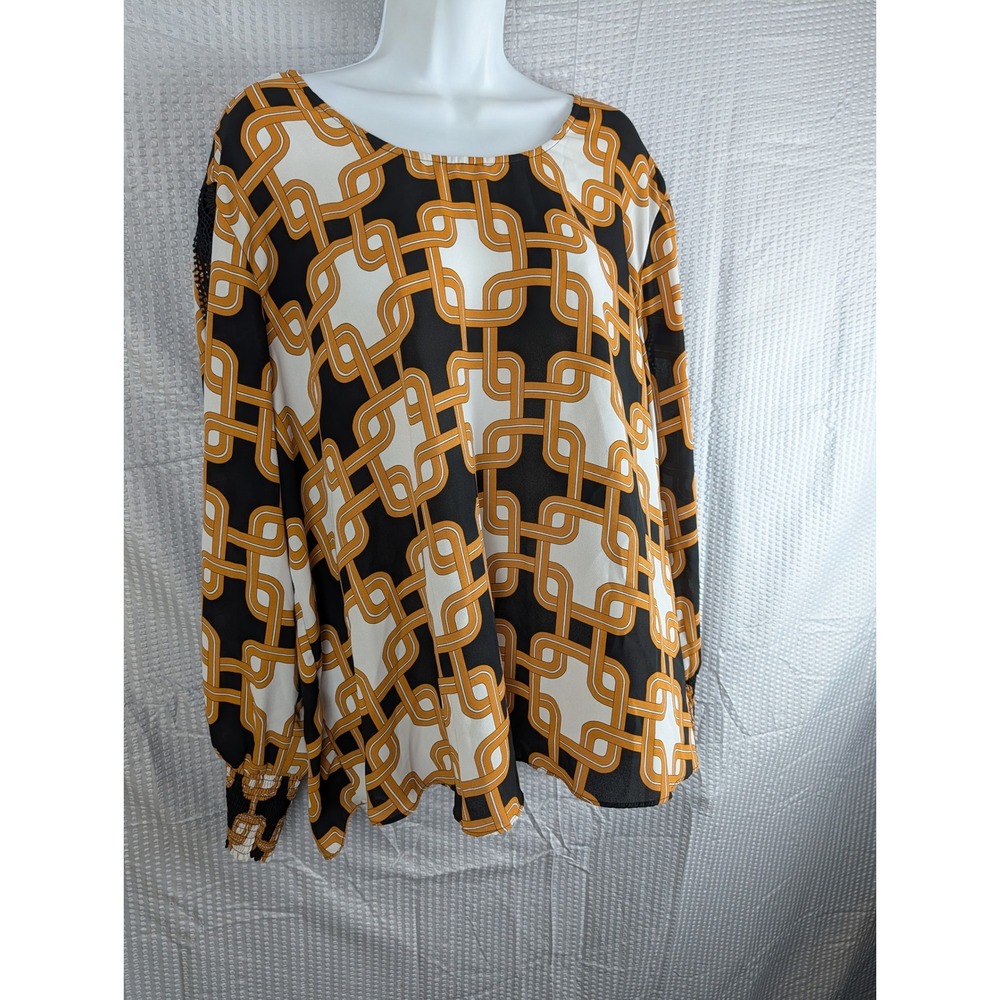 Est. 1946 Plus 22/24W Chain Print Blouse Black Gold Lace Trim Smocked Cuffs
